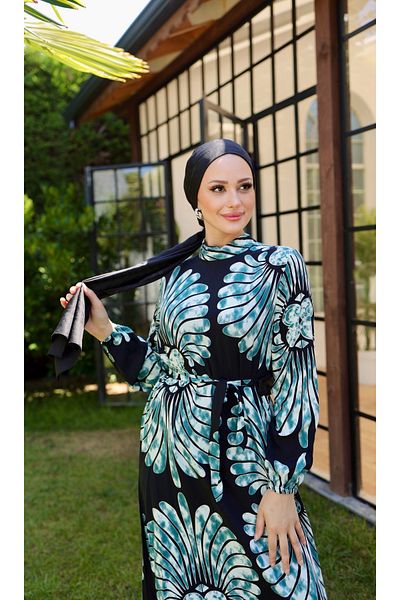 B.HE.Z Φόρεμα Hijab με μακρυμάνικο γιακά Water Green Judge Reaktiv με στάμπα