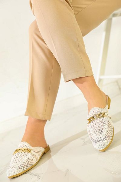 MD trend Sandale casual tricotate pentru damă - lanț, dantelă de paie, papuci închise