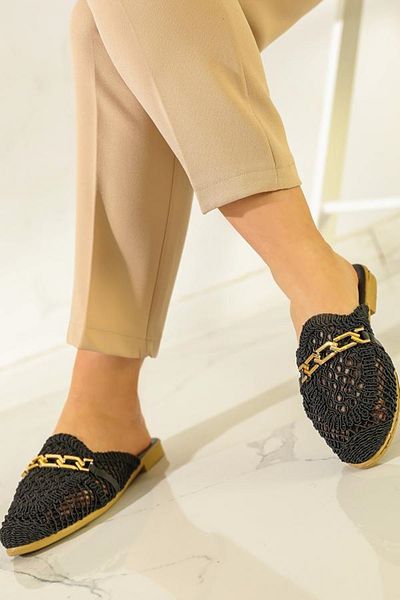 MD trend Women's Knitted Casual Sandals - Chain, Straw Lace, Closed Slippers