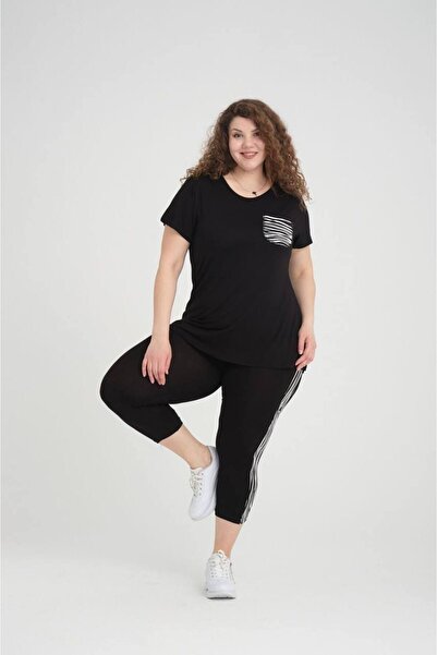 garajmood Costum Capri negru cu dungi laterale și buzunar accesorizat