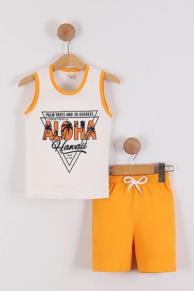 Pollito Aloha Printed 2-Piece Set for Boy - Orange Undershirt and Shorts
