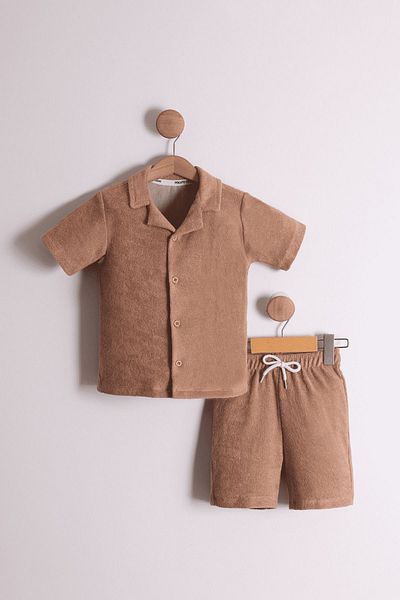 Pollito Boy's Brown T-Shirt and Shorts Towel - 2-Piece Set, Apple Collar