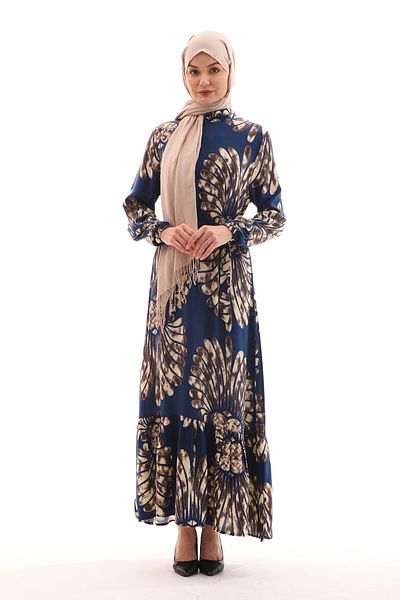 B.HE.Z Navy Blue Hijab Dress - Wind Rose Reactive Print, Prevailing Collar, Long Sleeve