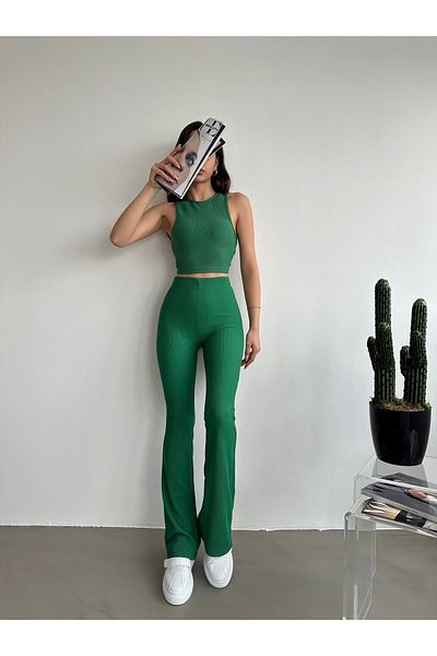 AÈC PRIVÈ Women's Green High Waist Ribbed Flare Leg Leggings Pants