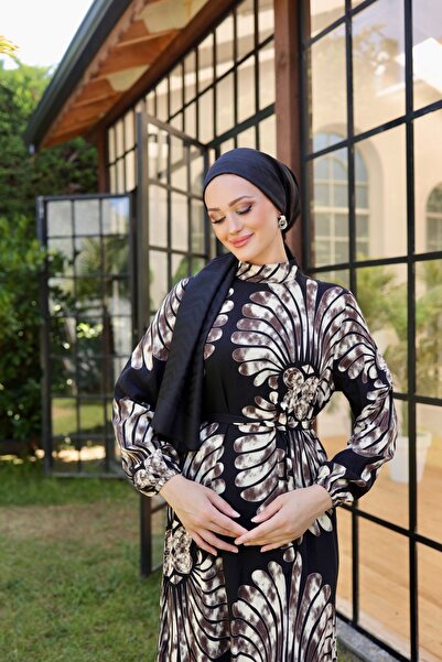 B.HE.Z Чорна сукня з хіджабом - Вітряний візерунок, реактивний друк, комір-стійка, довгі рукави