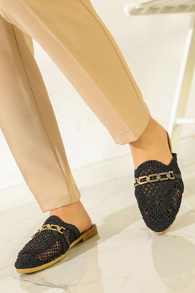 MD trend Women's Knitted Casual Sandals - Chain, Straw Lace, Closed Slippers
