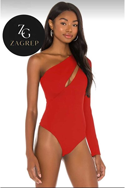 Zagrep Red Single Sleeve Silk Jersey Body - Shoulder Low-Cut, Slit Front Design