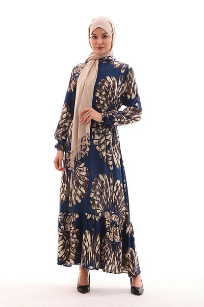 B.HE.Z Navy Blue Hijab Dress - Wind Rose Reactive Print, Prevailing Collar, Long Sleeve