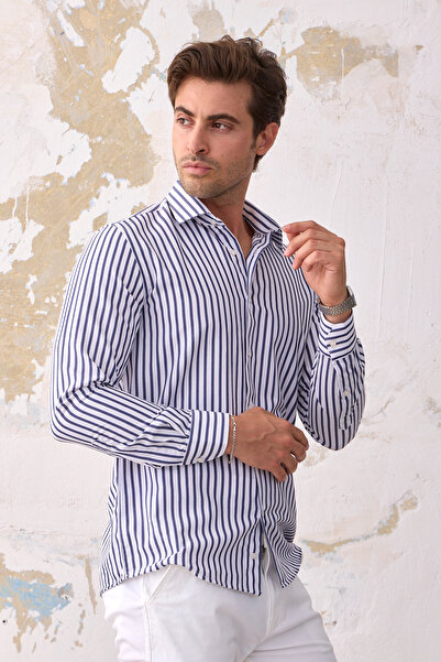 RAVANELLI Men's Navy Blue-White Cotton Regular Fit Long Sleeve Easy-Iron Shirt