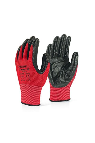 SGS Nitril Kaplı Örme Eldiven Kırmızı ZEBRA 10 ADET