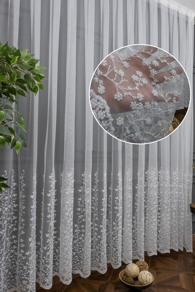 farbateks Brillant Daisy Embroidered Wide Pattern Tulle Curtain Skirt Embroidered Tulle 2 Layers Pleated