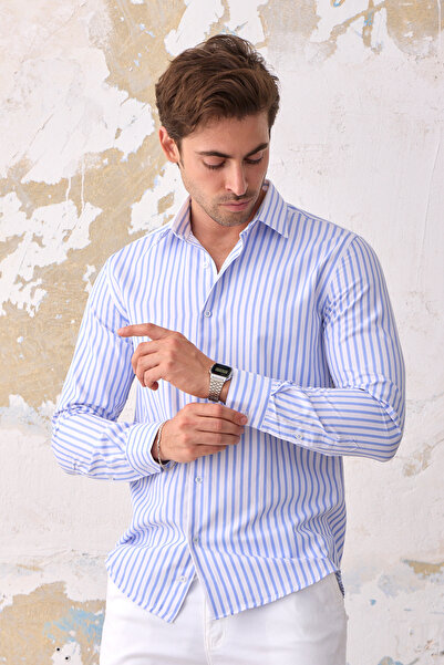 RAVANELLI Men's Light Blue-White Cotton Long Sleeve Regular Fit Shirt - Easy Iron