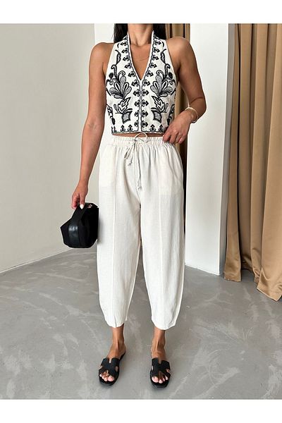Laluvia Steinfarbene Shalwar-Hose aus Leinen