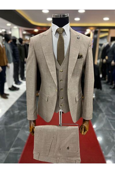 Terziayhan Beige 5 Button Vest Slimfit Bone Button Suit