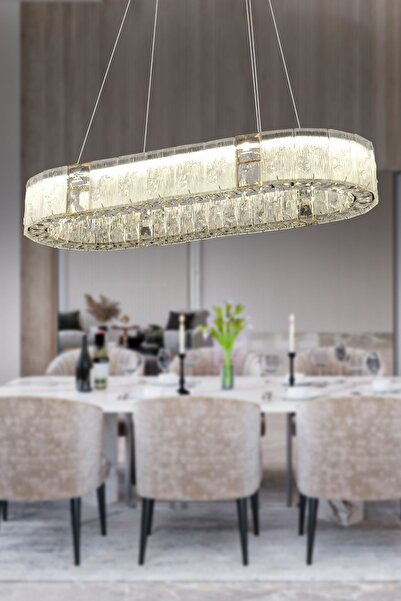Apliqa Rocco Elips 3 Renkli Ledli 49 Watt Gold Kaplamalı Kristal Taşlı Sarkıt Led Salon Yemek Masa Üstü Avi