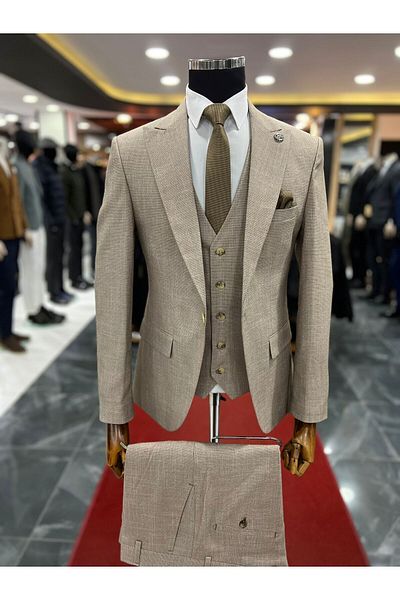 Terziayhan Beige 5 Button Vest Slimfit Bone Button Suit