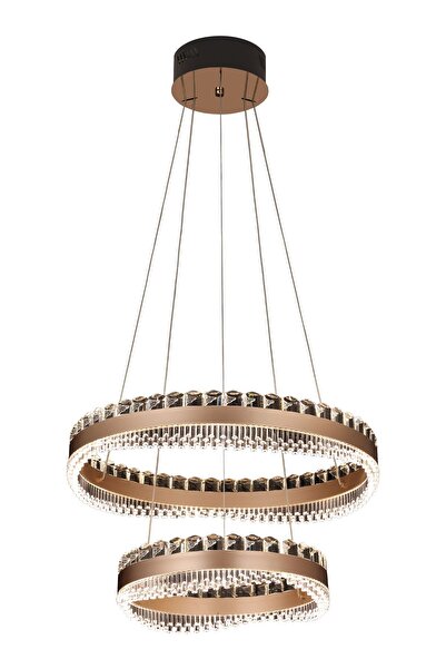 Apliqa Hazel 2 Katlı Kahve Eskitme Kaplamalı Yuvarlak 300 watt Led Sarkıt Salon 3 Renk Ledli Modern Tasarım