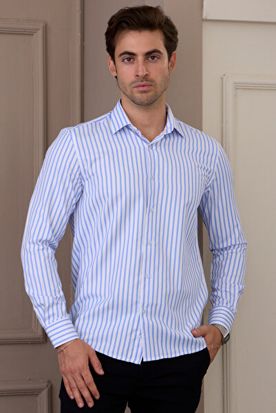 RAVANELLI Men's Light Blue-White Cotton Long Sleeve Regular Fit Shirt - Easy Iron