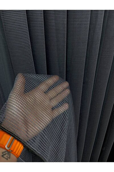farbateks 3 Layer Pleated Gray Smoked Office Curtain - Tulle Filet Curtain