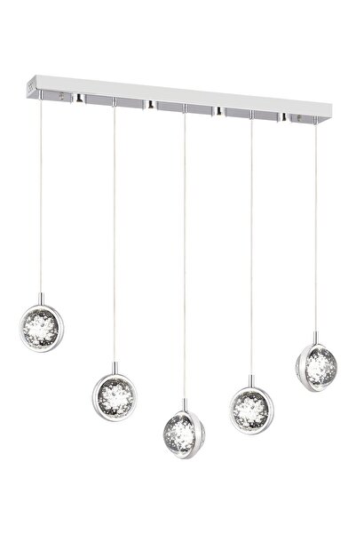 Apliqa Eldon 5'li Sıralı 3 Renkli 75 Watt Krom Kristal Ledli Modern Oturma Odası Salon Sarkıt Avize