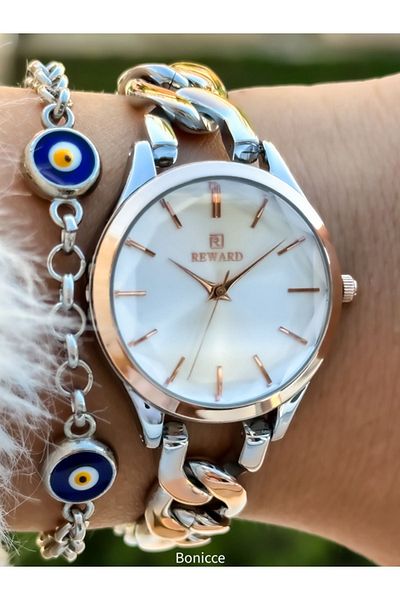 Reward Rose/Silver Colored Steel Cord Waterproof Women's Wristwatch and Bracelet - 2 Years Warranty