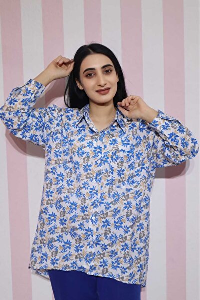 EGELİMODA Çiçek Desenli Oversize Uzun Gömlek