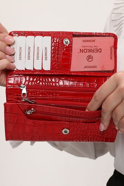 DERKON Crocodile Patterned Useful Genuine Leather Women's Wallet Red