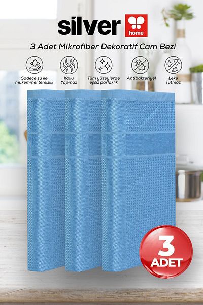 SİLVER HOME Silver Home 3-Piece Microfiber Decorative Glass Cloth Blue 40X40 cm