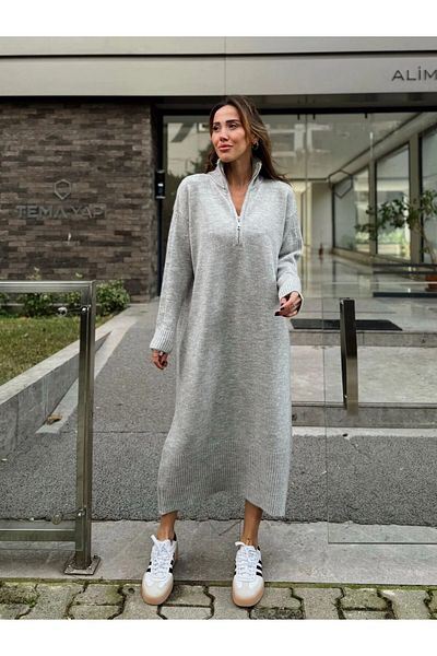 buqre's moda Φαρδύ μίντι πλεκτό φόρεμα με γιακά με φερμουάρ - μακρυμάνικο μοντέρνο βασικό