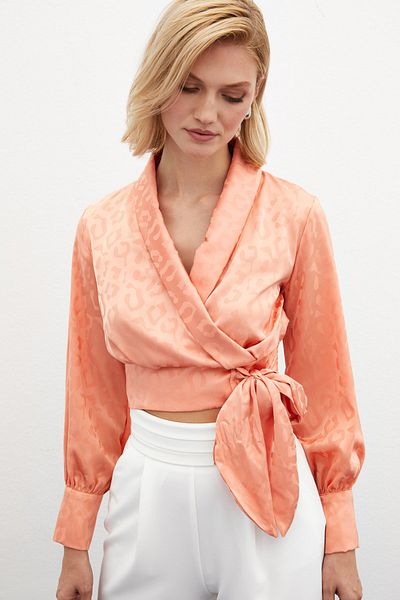 Sateen Bluză din satin cu centură laterală - SOMON