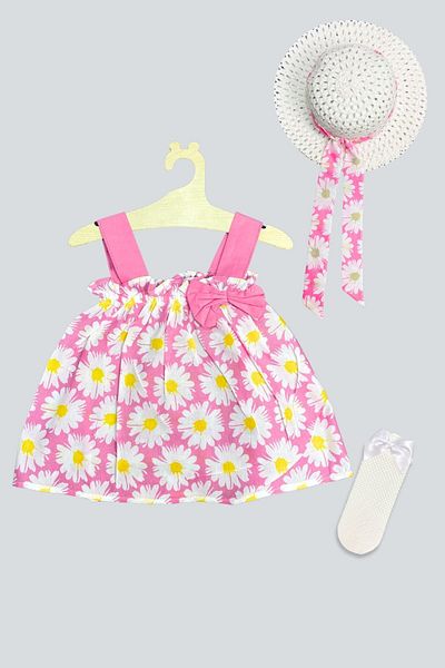ADABEBEK Pink Floral Patterned Hat Dress and Mesh Socks Set