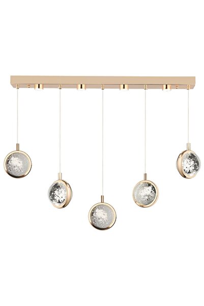 Apliqa Eldon 5'li Sıralı 3 Renk 75 Watt Gold Kristal Ledli Modern Oturma Odası Salon Sarkıt Avize