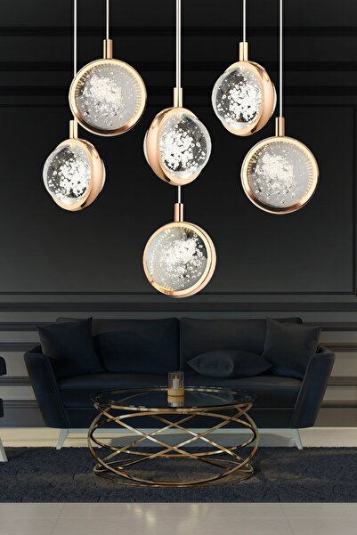 Apliqa Eldon 6'lı Yuvarlak 3 Renk 88 Watt Gold Kristal Ledli Modern Oturma Odası Salon Sarkıt Avize