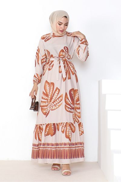 Bestenur Lenar Ecru Full Length Belted Dress 1049
