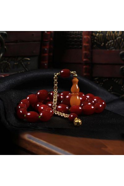 TESBİHCİBABA Gold Design Tile Red Ottoman Amber Prayer Beads
