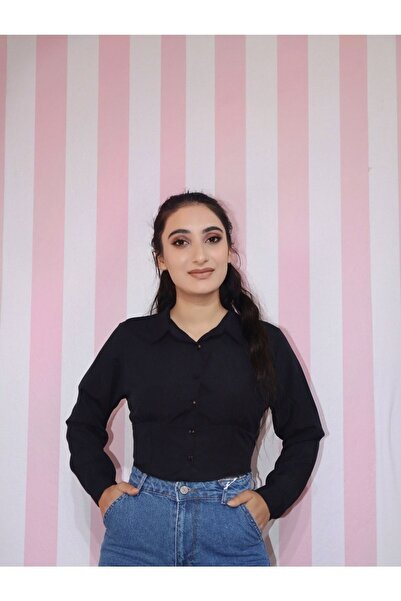 EGELİMODA Gipe Detailed Black Crop Shirt