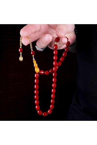 TESBİHCİBABA Gold Design Tile Red Ottoman Amber Prayer Beads