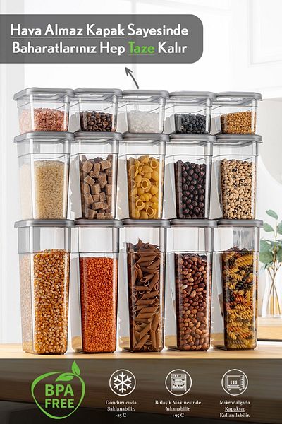 Meleni Home 15-Piece Spice Holder with Label - Storage Container Set with Leak-Proof Lid - 5x (580 ml, 1100 ml, 1580 ml)