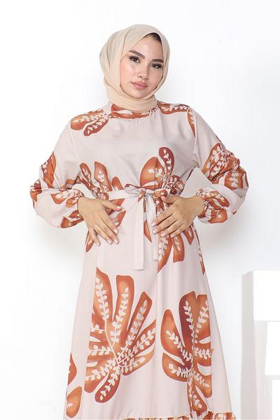 Bestenur Lenar Ecru Full Length Belted Dress 1049