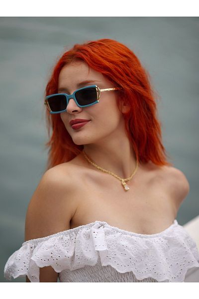 TomyHelf Turquoise Frame Smoked Glass Metal Gold Handle Rectangular Women's Sunglasses