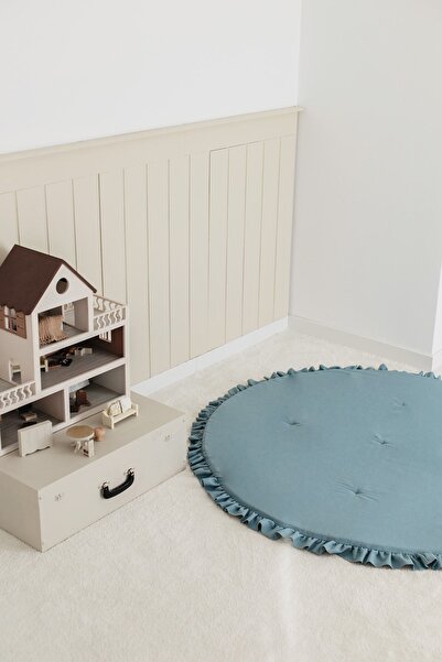 Dear Deer Love Oyun Halısı, Yuvarlak Oyun Matı, Fırfırlı Oyun Minderi, Teal