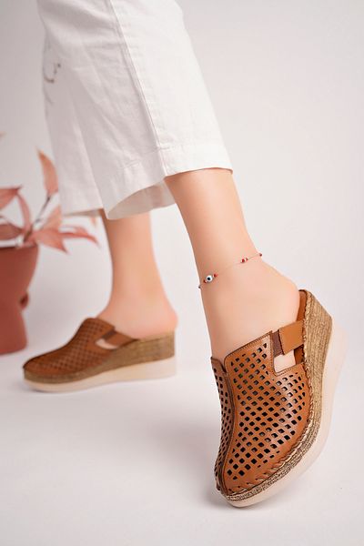 Akgün Terlik Genuine Leather Women's Slippers - Tan Wedge, Soft Sole and Heels