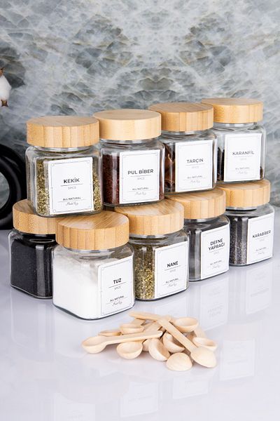 MODA OZY 300 ml 12 Jars with Bamboo Lid and 12 Mini Spice Set - 24 Pieces Spice with Label