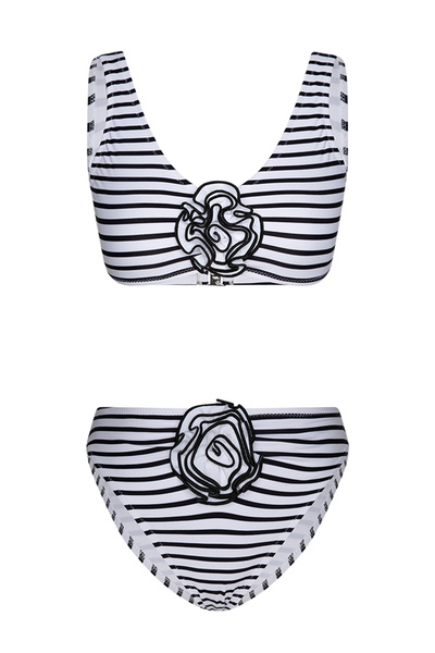 Bonesta Siyah Beyaz Çizgili Gül Detaylı Atlet Bikini Takımı