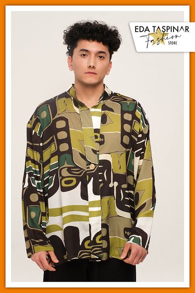 Eda Taşpınar Chaos Men's Green Patterned Single Button Oversize Shirt