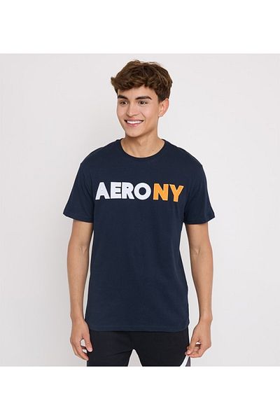 Aeropostale تي شيرت رجالي بأكمام قصيرة وياقة دائرية وطبعة نصية باللون الأزرق