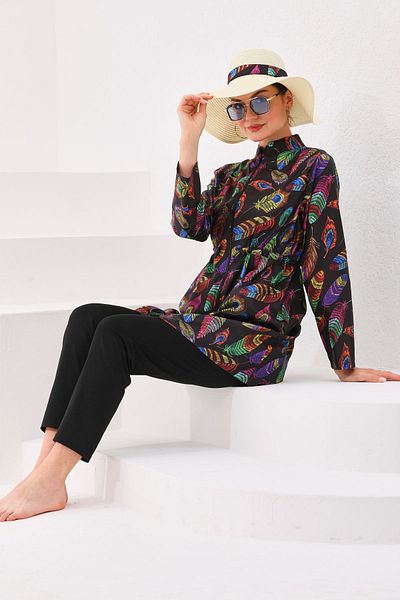 MAG FASHİON Plus Size 2 Piece Hijab Swimsuit - Burkini with Zipper on the Neck and Full Coverage