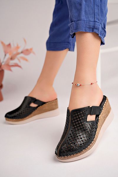 Akgün Terlik Genuine Leather Black Wedge Heeled Soft Sole Women's Slippers