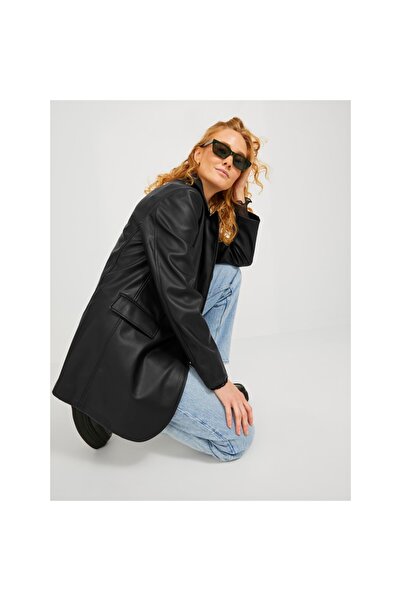 Jack & Jones Jack&jones Kruvaze Yaka Siyah Kadın Suni Deri Blazer Ceket 12227940