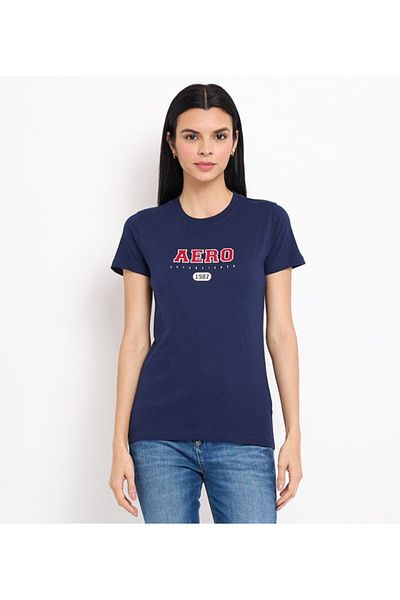 Aeropostale تي شيرت نسائي بأكمام قصيرة وياقة دائرية وطبعة نصية باللون الأزرق